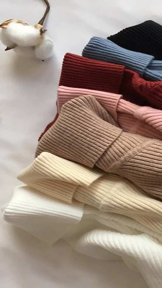 Ribbed Turtleneck Stretch Knit Sweater