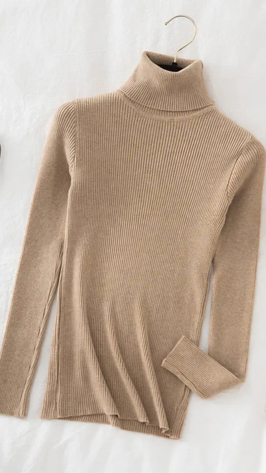 Ribbed Turtleneck Stretch Knit Sweater