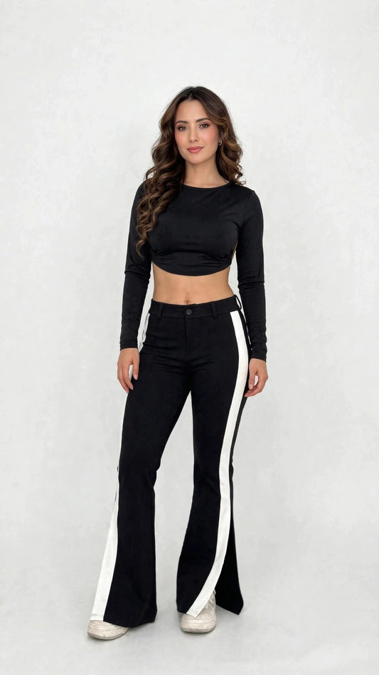 Pantalón Palazzo Negro con Franja Blanca