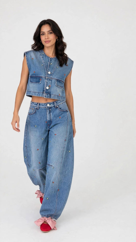 Conjunto de Chaleco y Jean Bordado