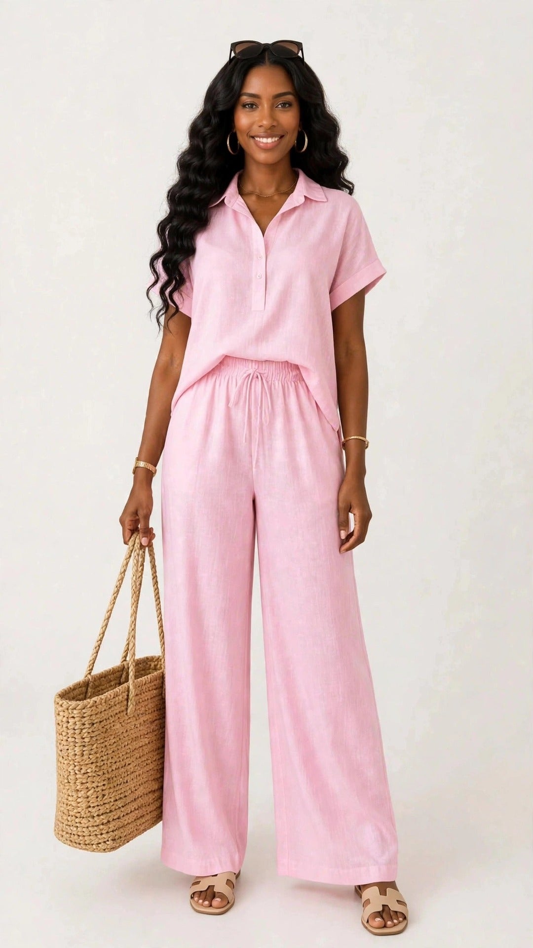 Conjunto rosa de camisa y pantalón