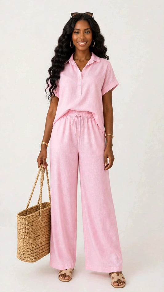 Conjunto rosa de camisa y pantalón