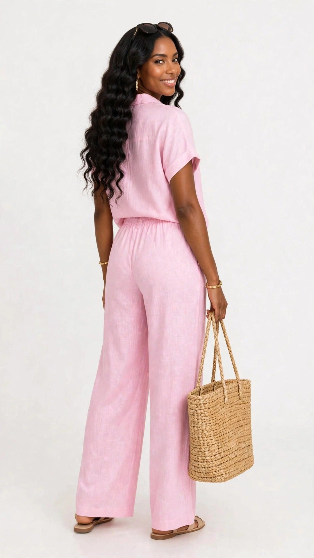 Conjunto rosa de camisa y pantalón